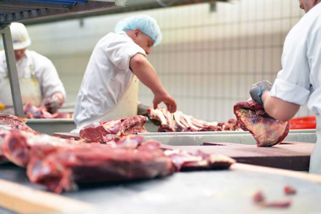 Bouchers préparant la viande dans un atelier de découpe